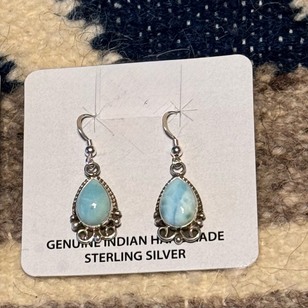 SS Navajo, Native Made Teardrop Larimar Earrings by Calvin Desson